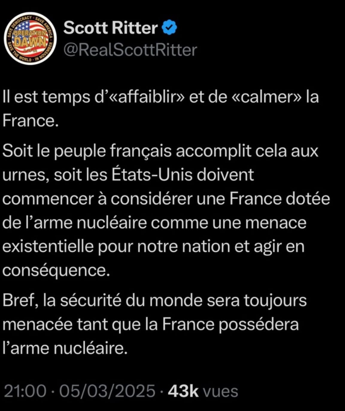 Scott Ritter: "Il est temps d’affaiblir et de calmer la France"